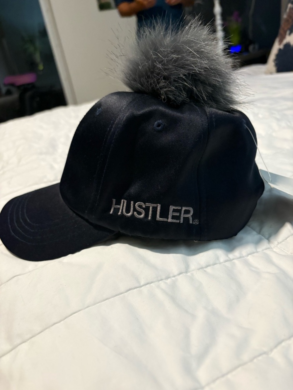 Hustler Hollywood Black Satin Cap with Gray Faux Fur Pom